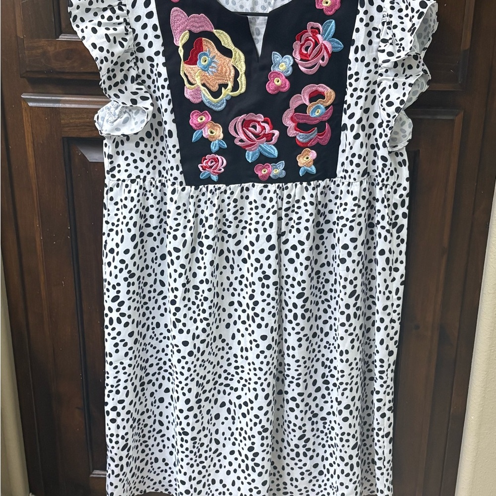 Black & White Polka Dot Dress with Floral Embroidery